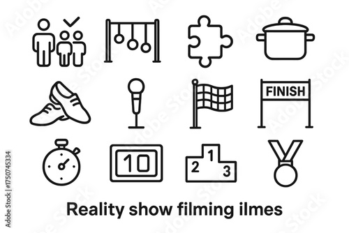 Reality Show Icons. Reality show filming. Line outline icon set of Reality show filming: challenge icon,