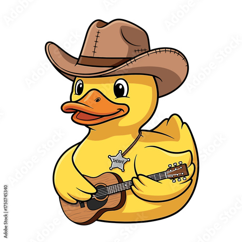 Cartoon Yellow Duck Sheriff Playing Ukulele with Cowboy Hat and Star Badge