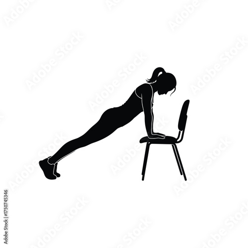 Silhouette of woman doing elevated push up exercise on chair against white background view