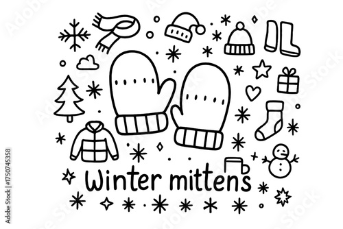 Cozy Winter Mittens. Winter mittens. Hand-drawn doodle illustration of Winter mittens. In the middle, one