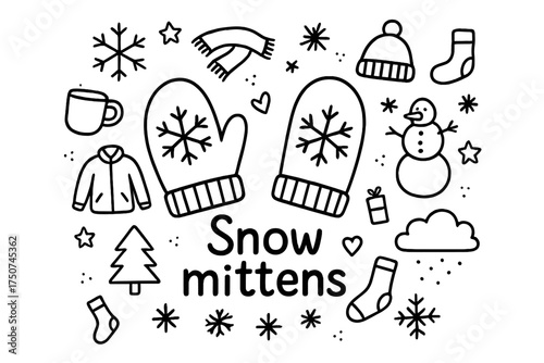 Snow Mittens Doodle. Snow mittens. Hand-drawn doodle illustration of Snow mittens. In the middle, one slightly