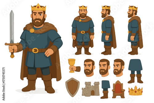 Medieval King Character Kit. Cartoon realistic vector illustration, Character constructor style, isolated