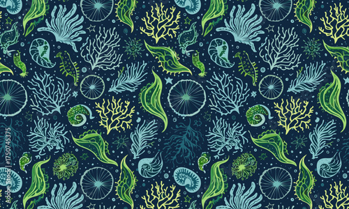 Bioluminescent Deep Sea Seamless Pattern, Hand-Drawn Glowing Coral Reef, Algae and Marine Life, Luxury Vector Underwater Background
