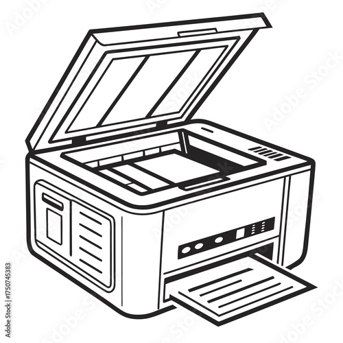 A black and white line drawing illustration of a modern office multifunction printer scanner copier with its lid open and paper emerging from the output tray