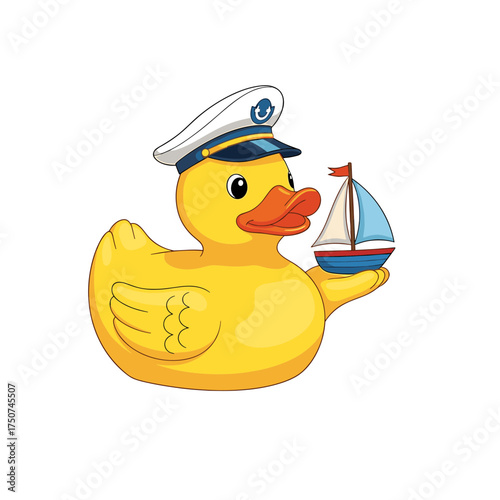 Cartoon Yellow Rubber Duck Captain Holding a Small Sailboat Toy