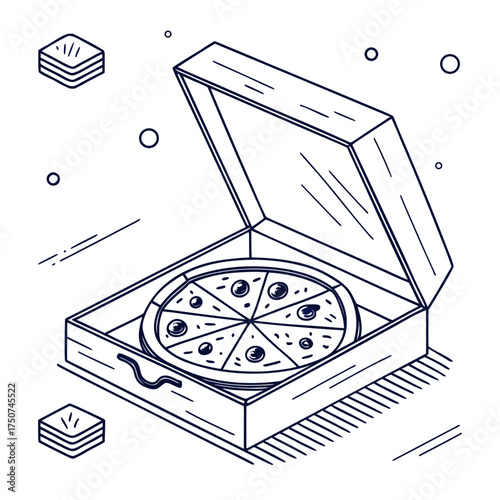 A delicious whole pizza with pepperoni and olives is presented in an open cardboard box ready for delivery or takeout with a clean outline drawing style