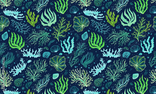 Bioluminescent Deep Sea Seamless Pattern, Hand-Drawn Glowing Coral Reef, Algae and Marine Life, Luxury Vector Underwater Background