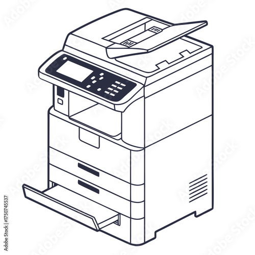 A detailed isometric line art illustration of a modern office multifunction printer scanner copier fax machine with paper tray and control panel