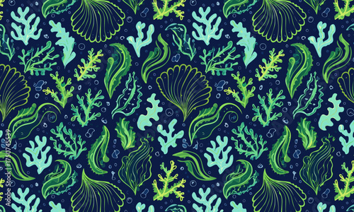 Bioluminescent Deep Sea Seamless Pattern, Hand-Drawn Glowing Coral Reef, Algae and Marine Life, Luxury Vector Underwater Background