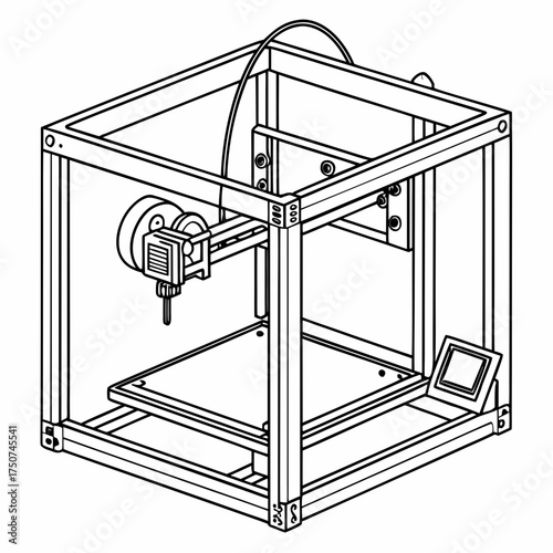 A detailed isometric line drawing illustration of a modern desktop three dimensional printer machine with a spool of filament and a nozzle ready for creation