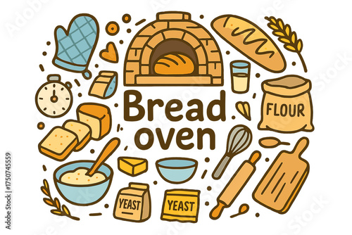 Bread Oven Doodle. Bread oven. Hand-drawn doodle illustration of Bread oven. oven, loaf of bread, baguette,