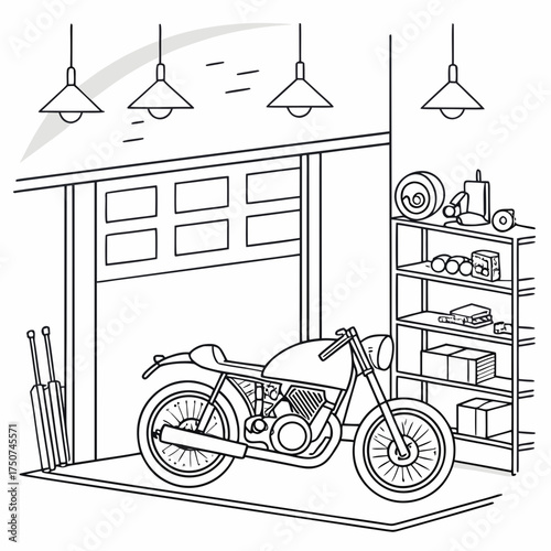 A detailed line art illustration of a classic cafe racer motorcycle parked inside a garage next to a shelving unit filled with various items and a garage door in the background