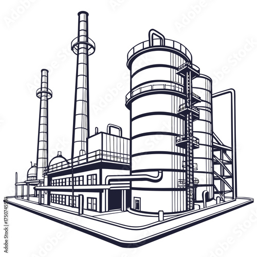 A detailed line art illustration of a large industrial factory complex with multiple tall smokestacks storage silos and connecting pipes against a white background