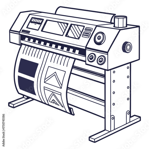 A detailed line art illustration of a large format printer or plotter machine with a roll of paper printing graphics and designs for commercial use