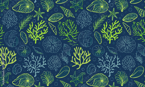 Bioluminescent Deep Sea Seamless Pattern, Hand-Drawn Glowing Coral Reef, Algae and Marine Life, Luxury Vector Underwater Background