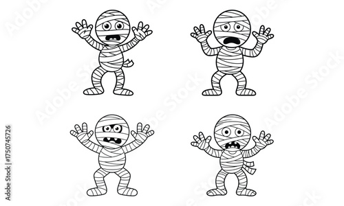 Funny cartoon mummies characters set for halloween design isolated on white background
