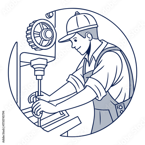 A skilled craftsman wearing a cap and overalls operates a drill press machine with precision and focus in a clean workshop environment