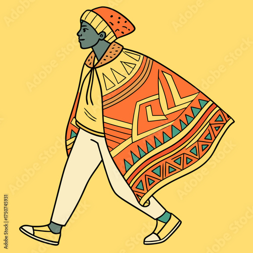 A stylized illustration of a person walking confidently wearing a vibrant patterned poncho and a beanie against a plain yellow background representing modern fashion and cultural expression