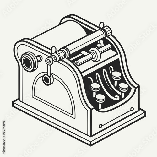 An isometric line art illustration of an antique cash register with a paper roll and four buttons on a plain background representing vintage commerce and business