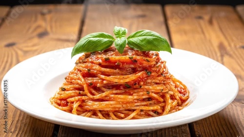 Hot Plate of Spaghetti with Tomato Sauce and Basil, Steaming Pasta Food Photography