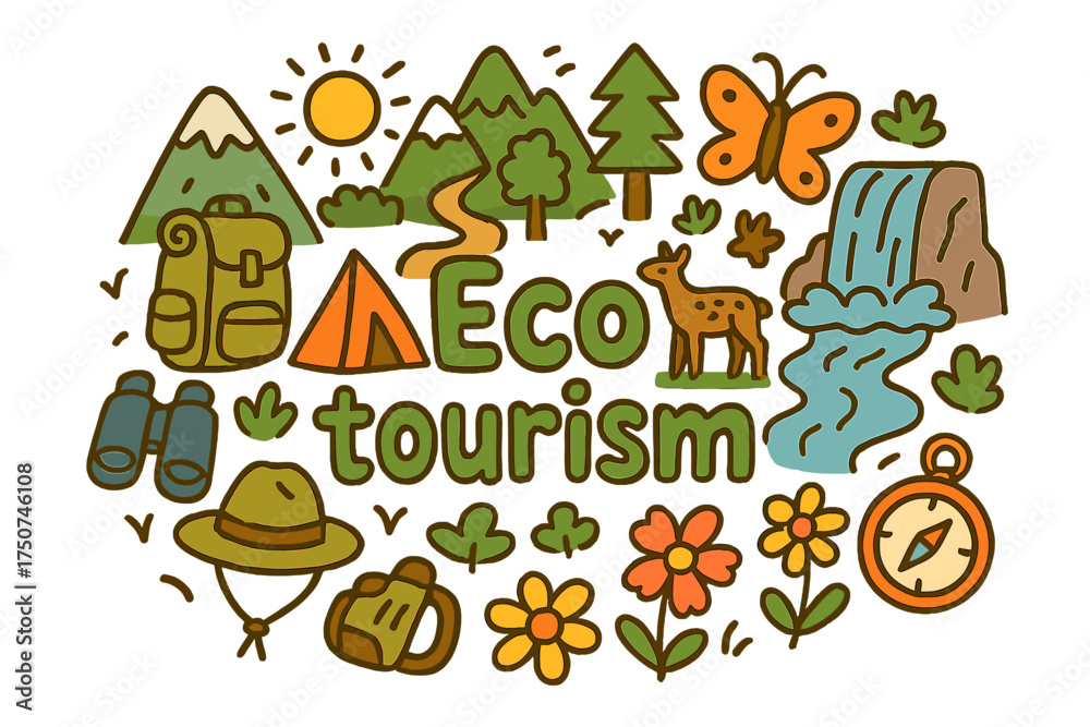 Naklejka premium Eco Tourism Doodle. Eco tourism. Hand-drawn doodle illustration of Eco tourism. trail, mountain, river, tree,