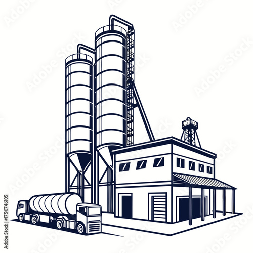 Industrial concrete batching plant with large silos and a tanker truck delivering materials for construction and infrastructure projects