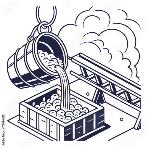 Industrial process of pouring molten metal from a ladle into a mold for casting with steam rising from the hot material