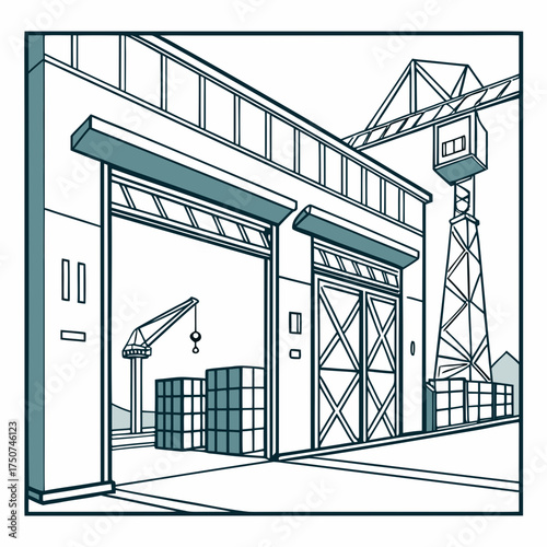 Industrial warehouse with open bay doors and loading docks featuring stacked cargo and construction cranes in a stylized line art illustration with a limited color palette