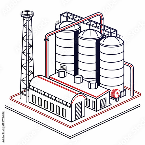 Isometric illustration of a modern industrial facility with storage tanks a smokestack and connected pipelines representing manufacturing and production processes