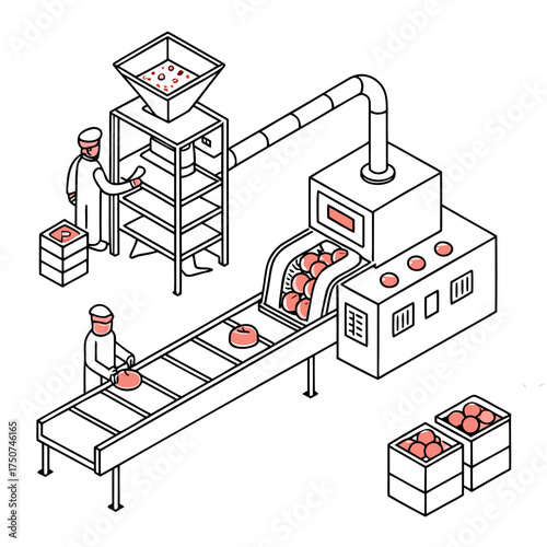 Illustration of a food processing factory with workers and automated machinery on a conveyor belt system for sorting and packaging fruits or vegetables