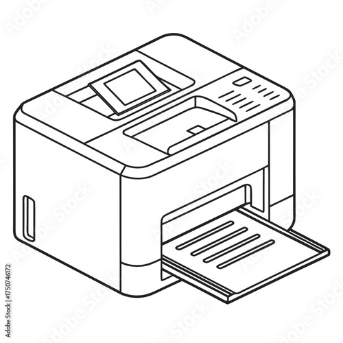 Isometric line art illustration of a modern all in one office printer scanner copier with a paper output tray and control panel for business and technology concepts