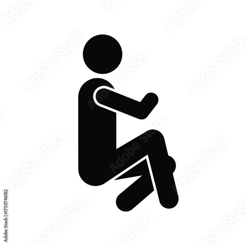 A black silhouette of a person sitting with knees bent and arms forward on a white background