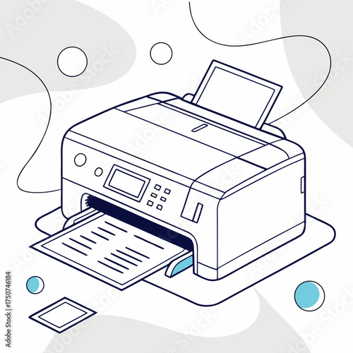 Modern inkjet printer with paper output and input tray isometric line art illustration of office equipment for printing documents and photos