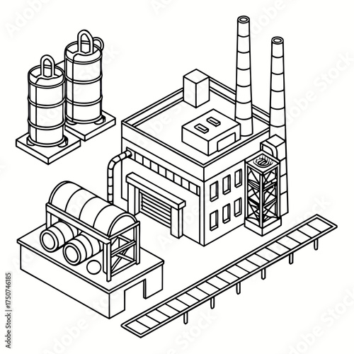 Isometric line art illustration of an industrial factory complex with storage tanks smokestacks and a conveyor belt representing manufacturing and production processes
