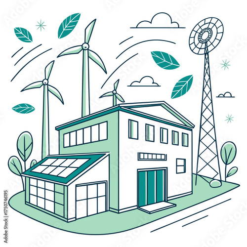 Modern sustainable building powered by renewable energy sources including solar panels and wind turbines representing green technology and eco friendly infrastructure development