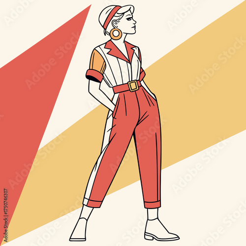 Stylish woman in retro fashion with bold colors and geometric background representing vintage style and confidence