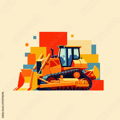 A vibrant illustration of a powerful orange bulldozer, a crucial piece of heavy construction equipment, ready for earthmoving and site preparation tasks.