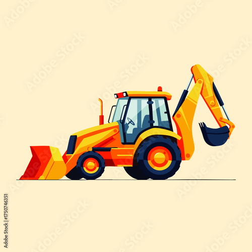 A vibrant yellow and orange backhoe loader, essential heavy construction equipment, stands ready for excavation and earthmoving tasks, symbolizing industry and development.