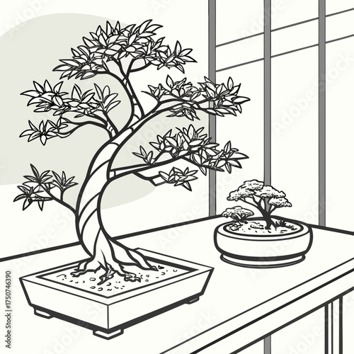 Two stylized bonsai trees one large and one small are displayed in ceramic pots on a table in front of a window with vertical dividers rendered in a minimalist black and white line art style