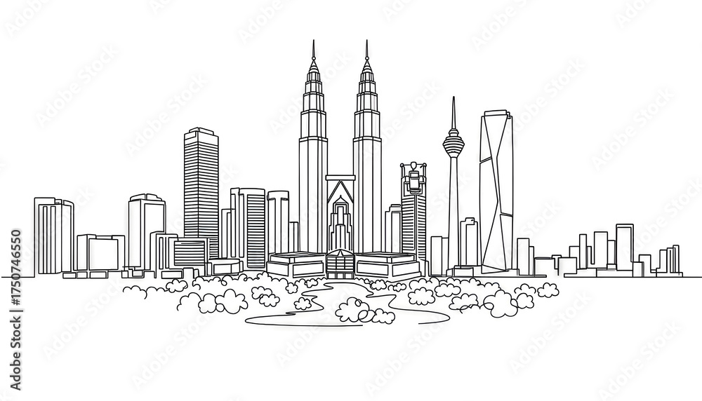 Fototapeta premium Minimal line art illustration of Kuala Lumpur skyline, Malaysia cityscape with Petronas Twin Towers and KL Tower