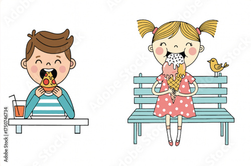 Cartoon children eating pizza and ice cream, joyful food moments, striped shirt, polka dot dress, colorful illustration, snack time, character art