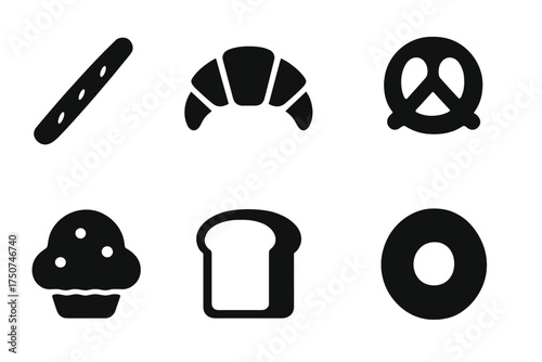 Snack Basket Icons. Snack Basket. Filled icon set of Snack Basket: breadstick, croissant, pretzel, muffin,
