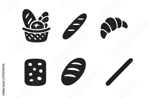 Artisan Bread Icons. Artisan Basket. Filled icon set of Artisan Basket: sourdough, baguette, ciabatta,
