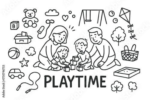 Playful Doodle Fun. Playtime. Hand-drawn doodle illustration of Playtime. In the middle, one slightly larger