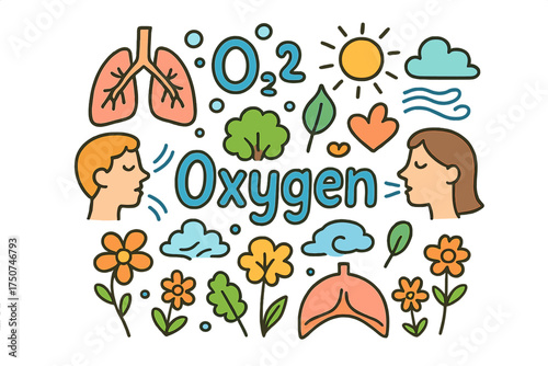 Oxygen Doodle Art. Oxygen. Hand-drawn doodle illustration of Oxygen. O2 molecule, lungs, air bubbles, inhaling