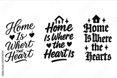 Home Calligraphy Trio. Home Is Where the Heart Is. Create a calligraphy lettering illustration of the phrase: