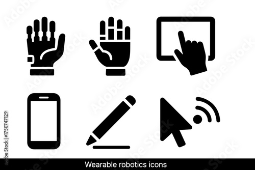 Wearable Robotics Icons. Wearable Robotics. Filled icon set of Wearable Robotics: exoskeleton hand, robotic