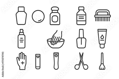 Nail Care Essentials Icons. Nail care and hand cleanliness. Line outline icon set of Nail care and hand