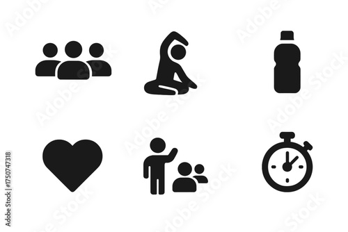 Wellness Class Icons. Wellness Class. Filled icon set of Wellness Class: group of people, yoga pose, dumbbells