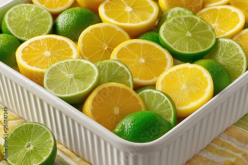 Freshly cut slices of vibrant lemons and limes beautifully arranged in a white porcelain dish reflecting the essence of summer freshness and culinary delight captured in a still life composition
